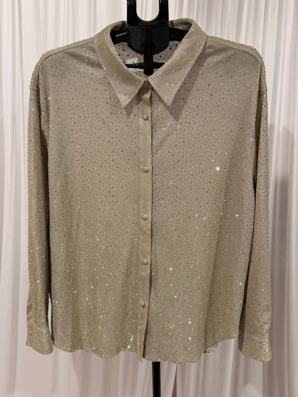 AKIRA Women's Rhinestone Sparkle Button Down Gold Shimmer Party Blouse Size M